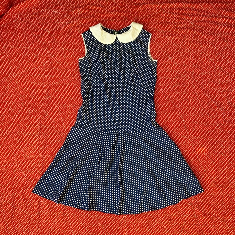Vintage 1960s Polka Dot Peter Pan Collar drop waist Dress Sleeveless Navy White